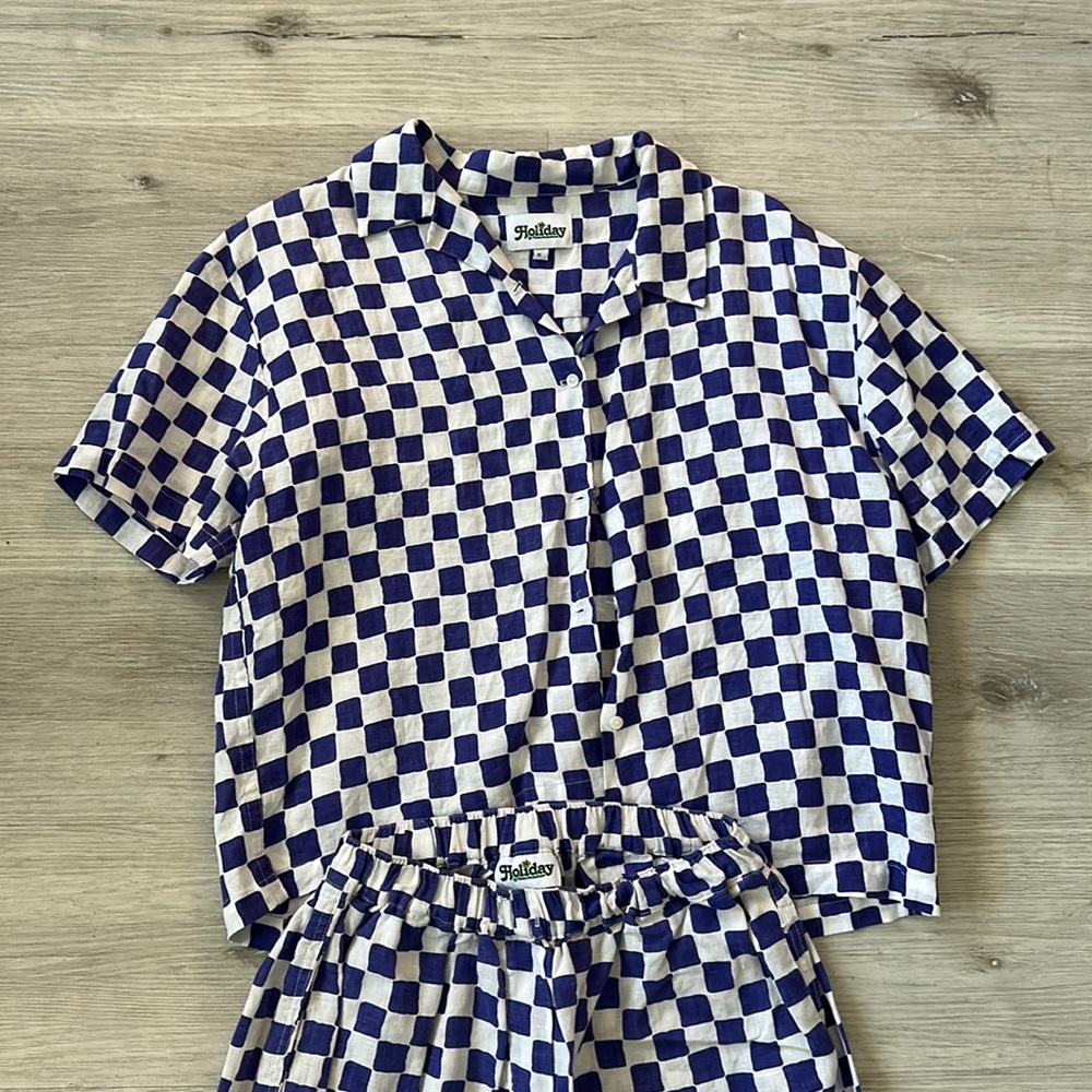 Holiday by Emma Mulholland Checkered Short-Sleeve Shirt in Purple and White